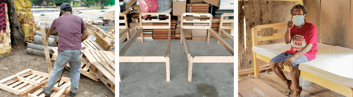 Unused wooden pallets from the factory are dismantled and repurposed to new bed frames